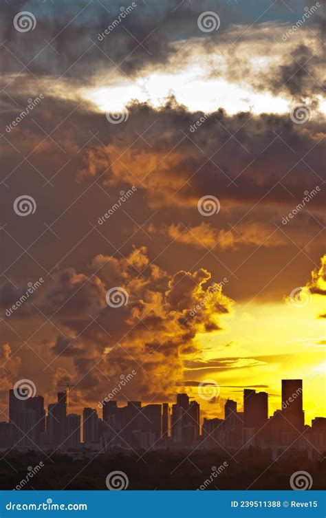 Tropical, City, Skyline at Sunrise, with Clouds and Silhouetted ...