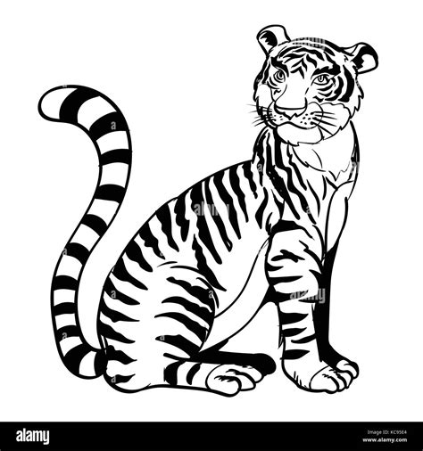 Line drawing cartoon a sitting tiger in black and white color - Vector illustration Stock Vector ...