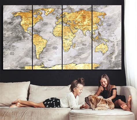 Large Gold World Map Print on Canvas Push Pin Travel Map - Etsy