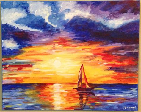 Sunset Over Water and Boat Painting by PinkPugCreations on Etsy