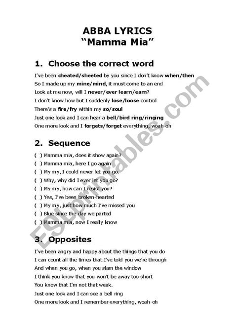 MAMMA MIA by ABBA - ESL worksheet by jacthebrat