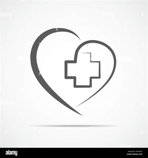 Medical cross inside in the heart symbol. Gray medical sign, isolated on light background ...