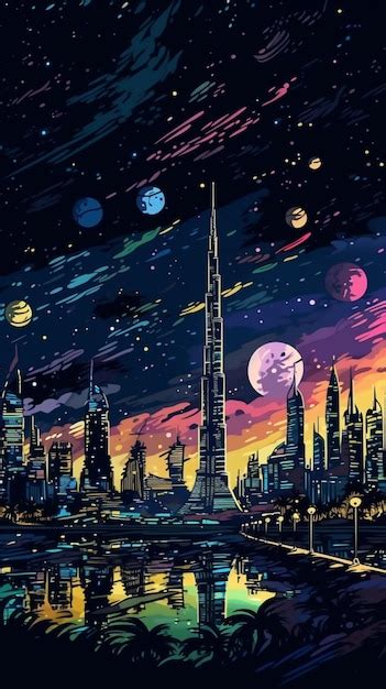 Premium AI Image | A painting of a city with a planet in the background.