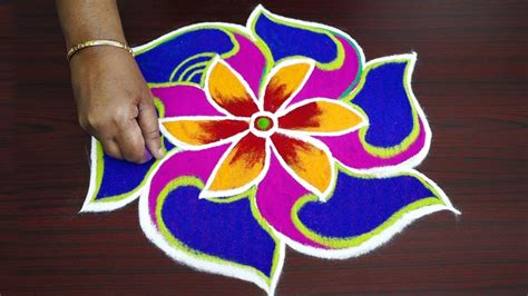 Simple and easy colourful rangoli design - beautiful kolam with 7x4 dots - muggulu for beginners ...