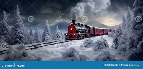 Steam Train Journeying through Snow Covered Forest with Dark Cloudy Sky ...