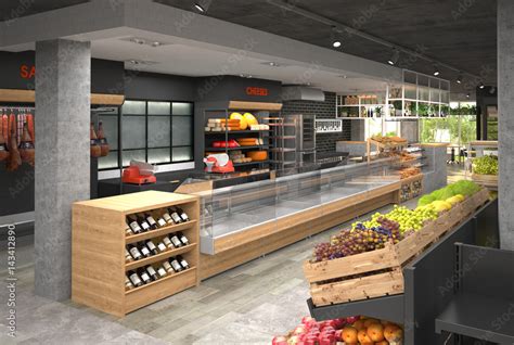 3D visualization of the interior of the grocery store. Design in loft ...