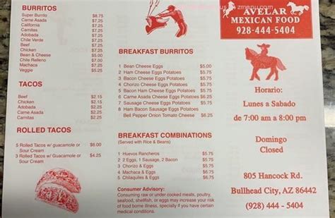 Online Menu of Avelar Mexican Food Restaurant, Bullhead City, Arizona, 86442 - Zmenu