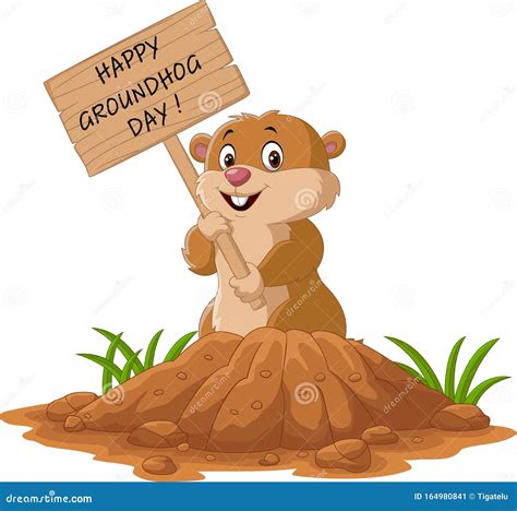 Happy Groundhog Day. Funny Groundhog Holding Wooden Sign Stock Vector - Illustration of hold ...