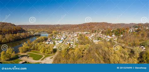 Aerial Drone Panorama of the Downtown Area of Point Marion in ...