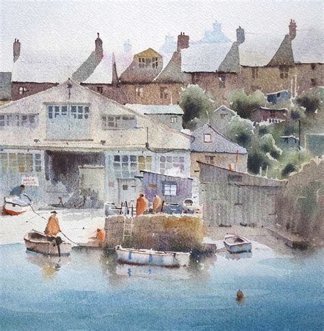 watercolor painting of houses and boats in the harbor