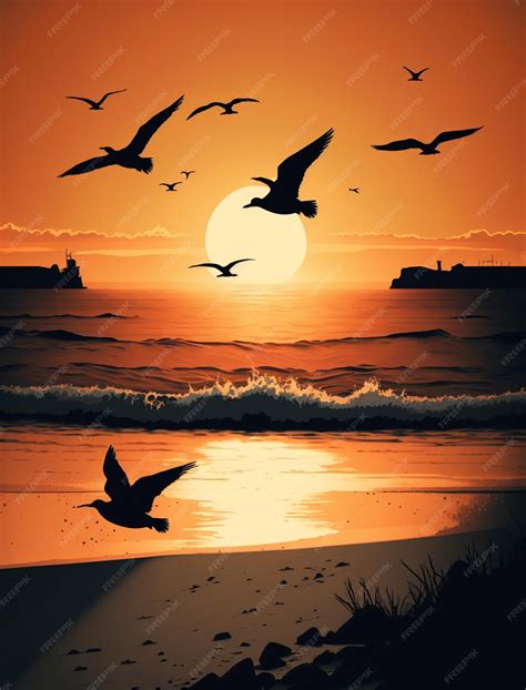 Premium Photo | A painting of seagulls on a beach with a sunset in the ...