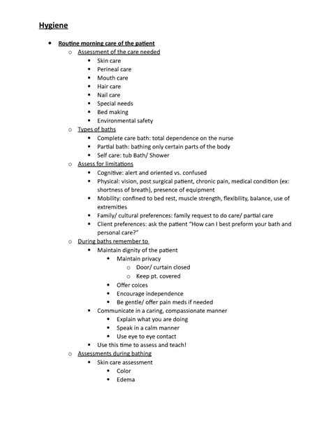 Nursing Hygiene - Routine morning care of the patient o Assessment of the care needed Skin care ...