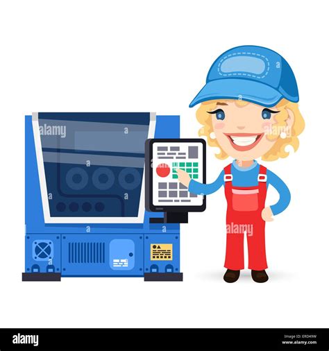 Female Factory Worker is Setting Up CNC Machine Stock Vector Image & Art - Alamy