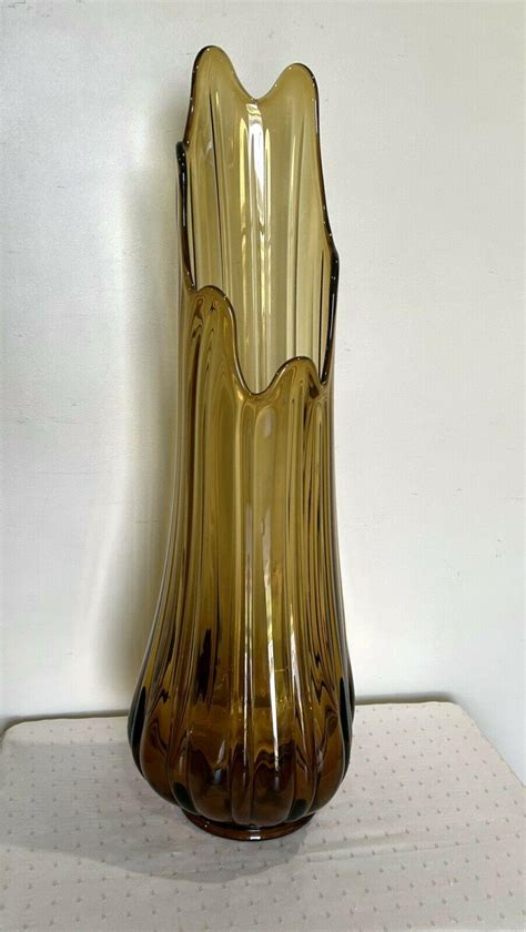 Vintage LE SMITH GLASS Swung Stretch Floor Vase MCM Mid Century Amber ...