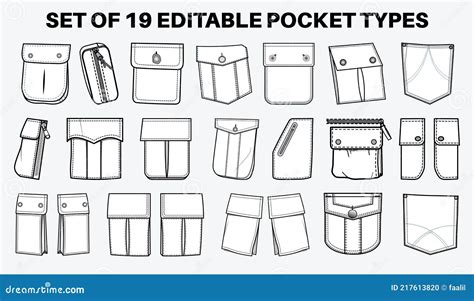 Patch Pocket Flat Sketch Vector Illustration Set, Different Types Of ...