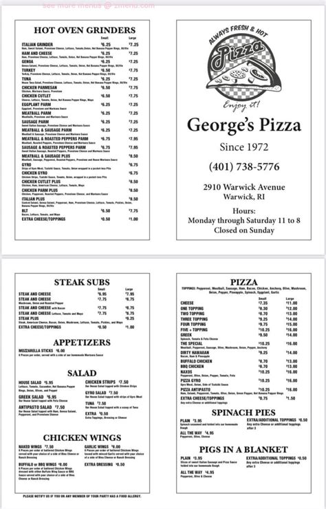 Menu at George's Pizza of Warwick pizzeria, Warwick