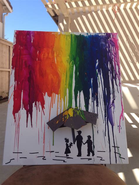 Melted crayon art black silhouettes of children under umbrella Diy And ...