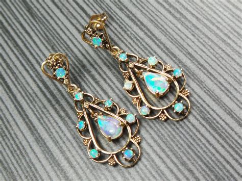 Vintage 14k Opal Earrings 14k Gold Dangle Earrings Genuine