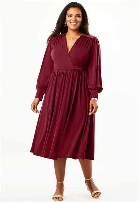 Long Sleeve Wrap Dress with Balloon Sleeves| Plus Size Career Dresses | Fullbeauty