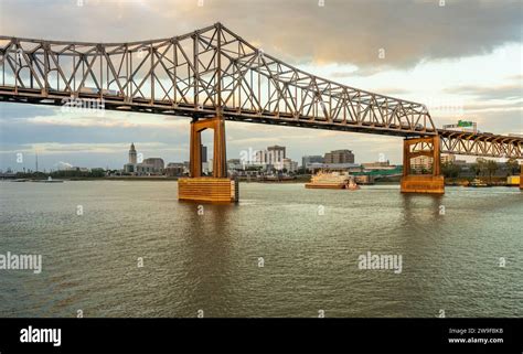 Sunset over the Horace Wilkinson bridge carrying interstate 10 over the ...