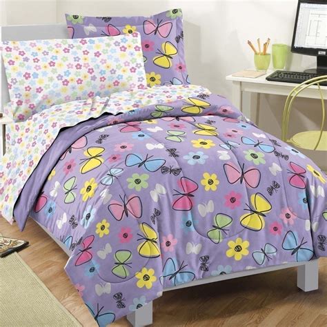 Girls Twin Full Bed Bag Purple Pink Yellow Butterflies 7 pc Comforter ...