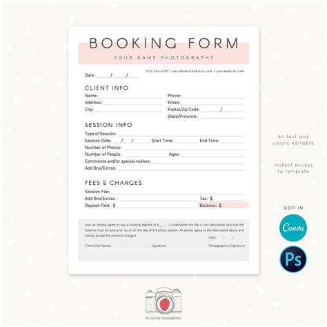 Photography Forms Client Booking Form for Photographer Form - Etsy