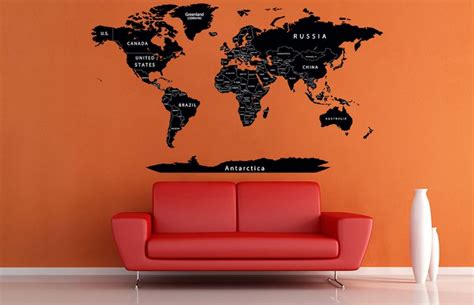 World Map Wall Decal Black World Map Wall Sticker Detailed - Etsy