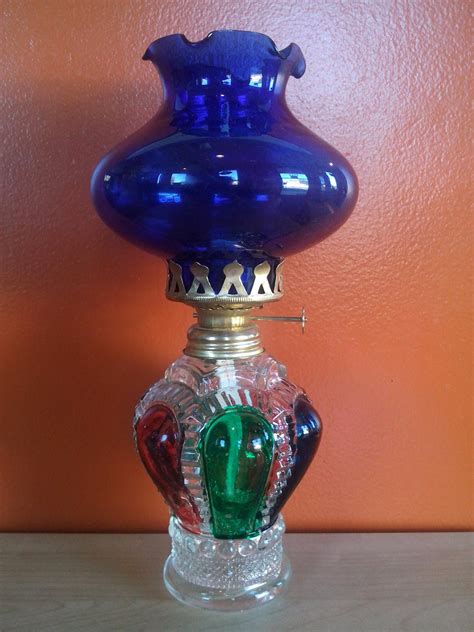 Vintage Oil Lamp Clear Glass & blue Chimney W/ Painted Panes