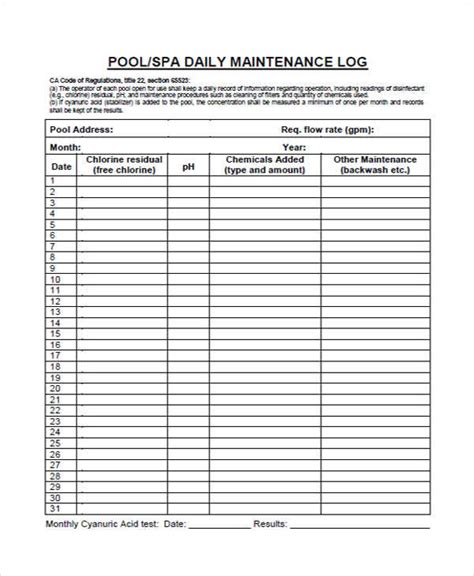 Printable Pool Maintenance Schedule Template