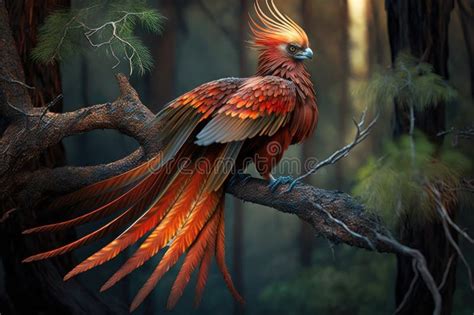 Phoenix Firebird Sitting on Tree Branch, with Its Tail Feathers Spread ...