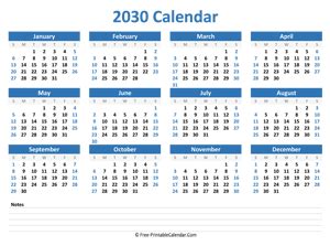 Free Printable Calendar 2030 in Excel, PDF and Word