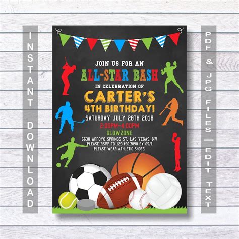 Sports Birthday Invitation Sport Party Invite Sports | Etsy