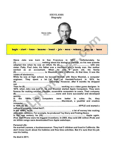 Steve Jobs (Gapped Biography) - ESL worksheet by coldseed