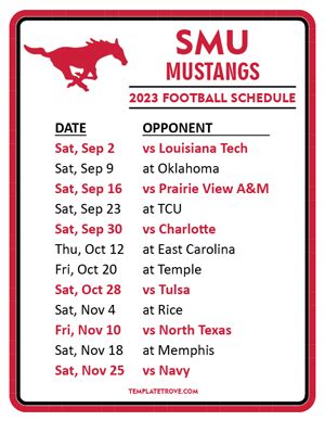 Printable 2023 SMU Mustangs Football Schedule