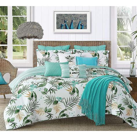 4-Piece Reversible Comforter Set Casual Printed Tropical Pattern, King Size, Nassau Palm Leaves ...