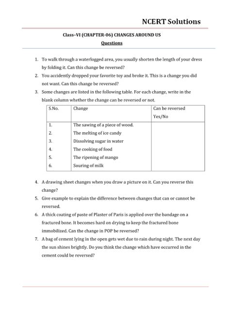 NCERT Solutions for Class 6 Science Chapter 6 - Changes around Us