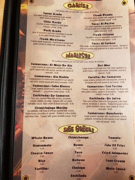 Menu at Margaritas Mexican Grill restaurant, Coos Bay