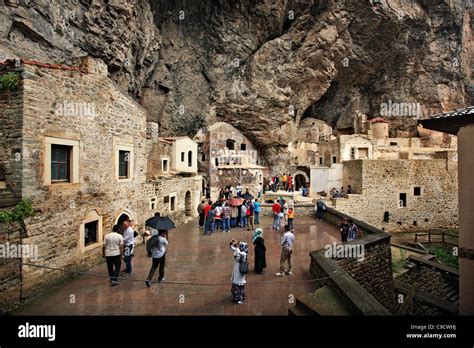 "Inside" view of the courtyard of Sumela Monastery, after the main entrance gate. Trabzon ...