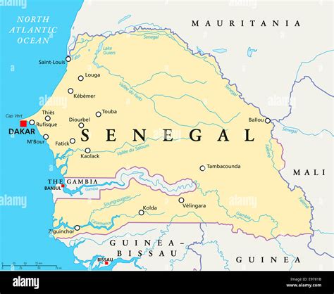 Senegal Political Map with capital Dakar, national borders, important cities, rivers and lakes ...