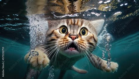 Cat underwater diving in aquarium with turquoise water, funny surprised cat face undersea, brave ...