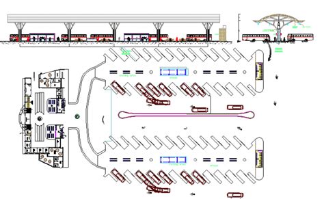 Elevation and ground floor details of bus terminal design dwg file