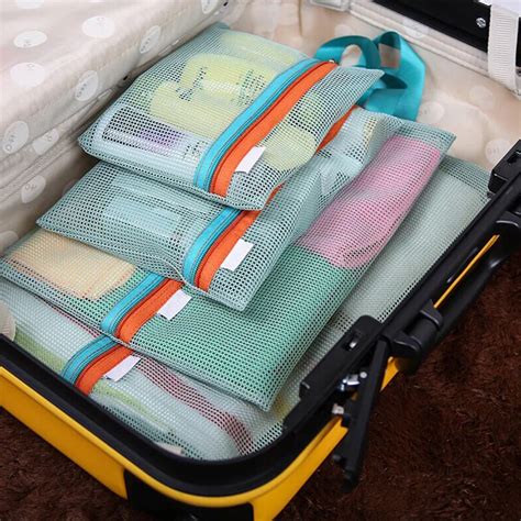 4 Pcs/Set Mesh Travel Organizer Set Bag Clothes Storage Bag Travel Shoe Bag Luggage Zipper ...