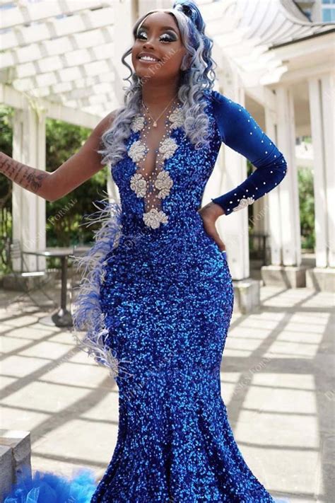 Royal Blue Sequin Velvet Designer Ostrich Feather Mermaid Prom Dress