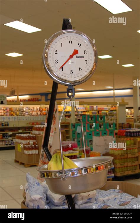 Bananas are weighed in a produce scale at a grocery store Stock Photo ...