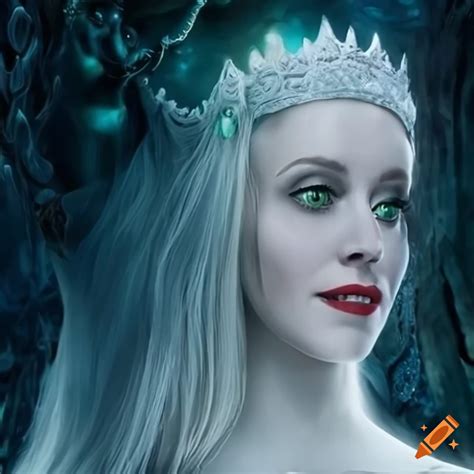 Stunning white queen with green eyes from alice in wonderland movie poster on Craiyon