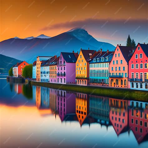 Premium AI Image | Colorful row of homes on a lake Reflection of houses in the water Old ...