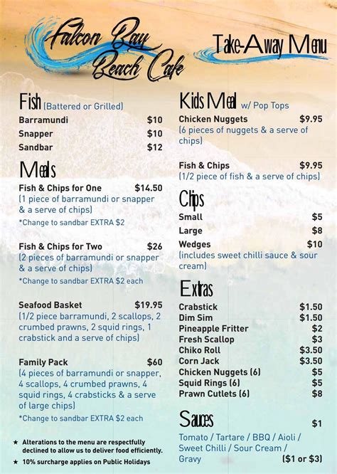 Menu at Falcon Bay Cafe, Falcon