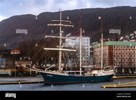 Sailing vessel, the tall ship barquentine Antigua in the port of Bergen ...