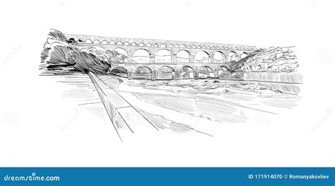 Pont Du Gard Aqueduct. France. Hand Drawn Sketch. Vector Illustration. Stock Vector ...