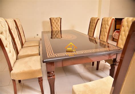 8 Chairs Shisham Wood Inlay Top Dining Table Set - Furniture Holz